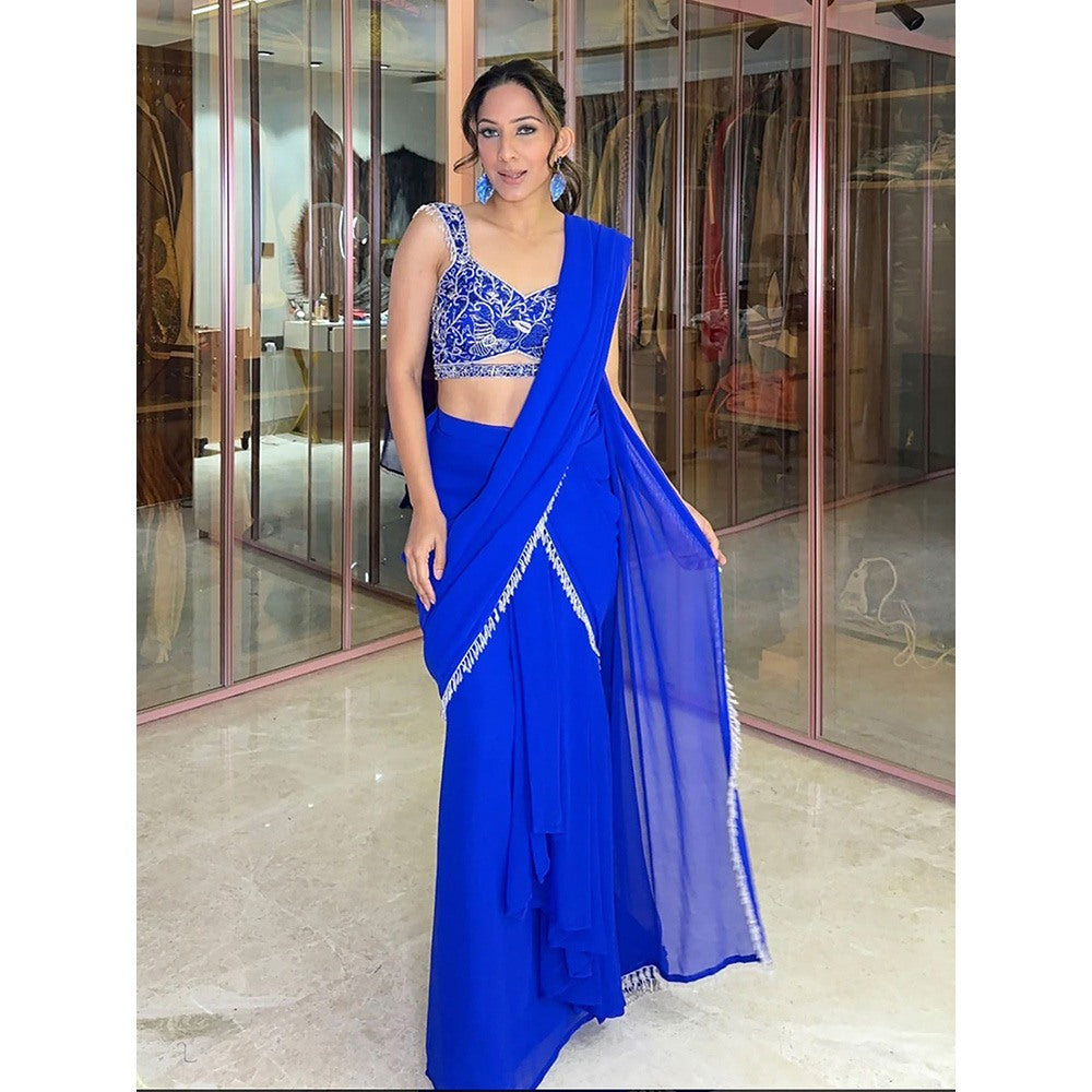 Glamique by Gungun Royal Blue Cut-Out Saree with Stitched Blouse