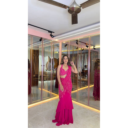 Glamique by Gungun Pink Georgette Full Handwork Saree with Stitched Blouse