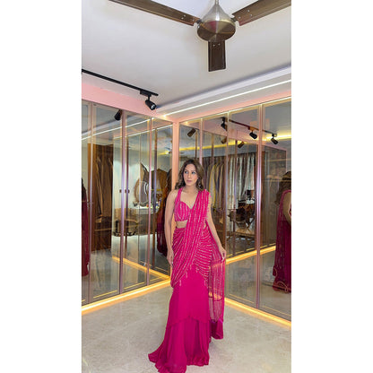 Glamique by Gungun Pink Georgette Full Handwork Saree with Stitched Blouse