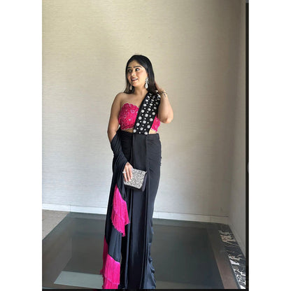 Glamique by Gungun Black Fringe One Shoulder Saree with Stitched Blouse