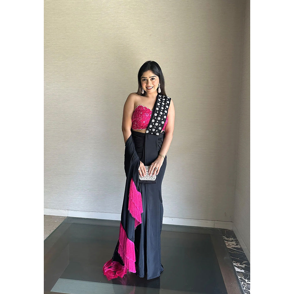 Glamique by Gungun Black Fringe One Shoulder Saree with Stitched Blouse