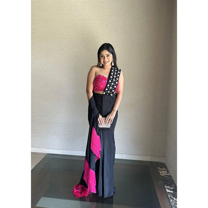 Glamique by Gungun Black Fringe One Shoulder Saree with Stitched Blouse