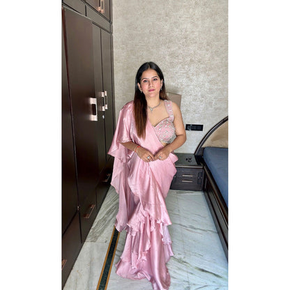 Glamique by Gungun Baby Pink Georgette Satin Saree with Stitched Blouse