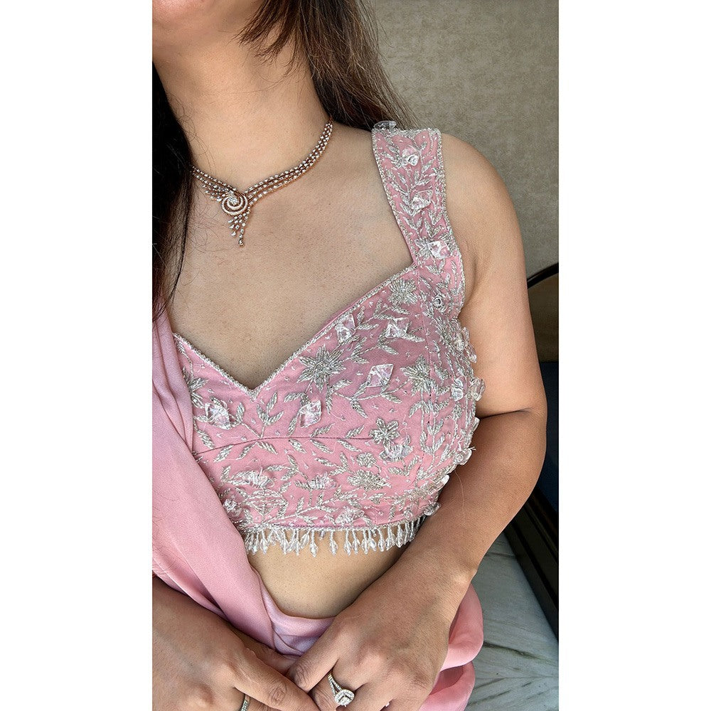 Glamique by Gungun Baby Pink Georgette Satin Saree with Stitched Blouse