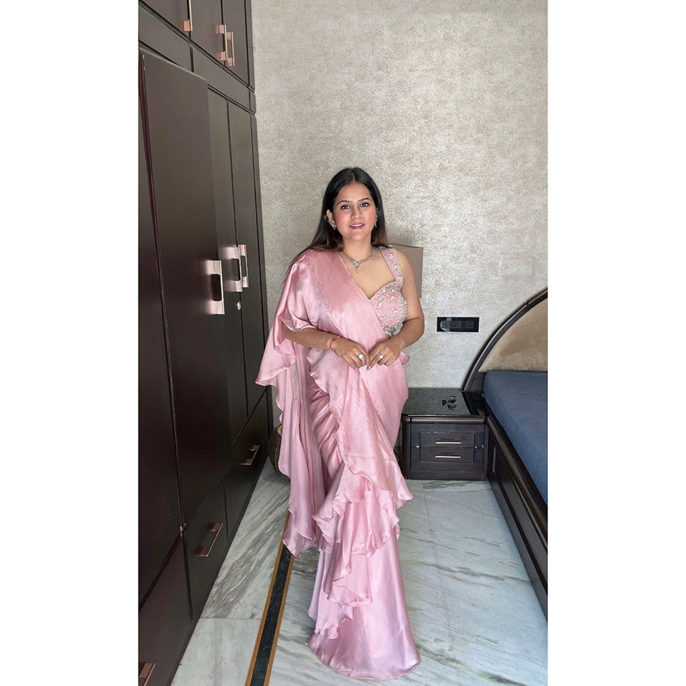 Glamique by Gungun Baby Pink Georgette Satin Saree with Stitched Blouse
