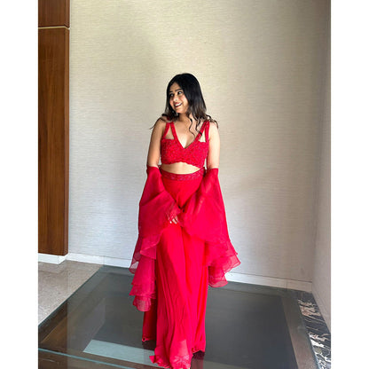 Glamique by Gungun Red Sharara with Blouse and Dupatta (Set of 3)