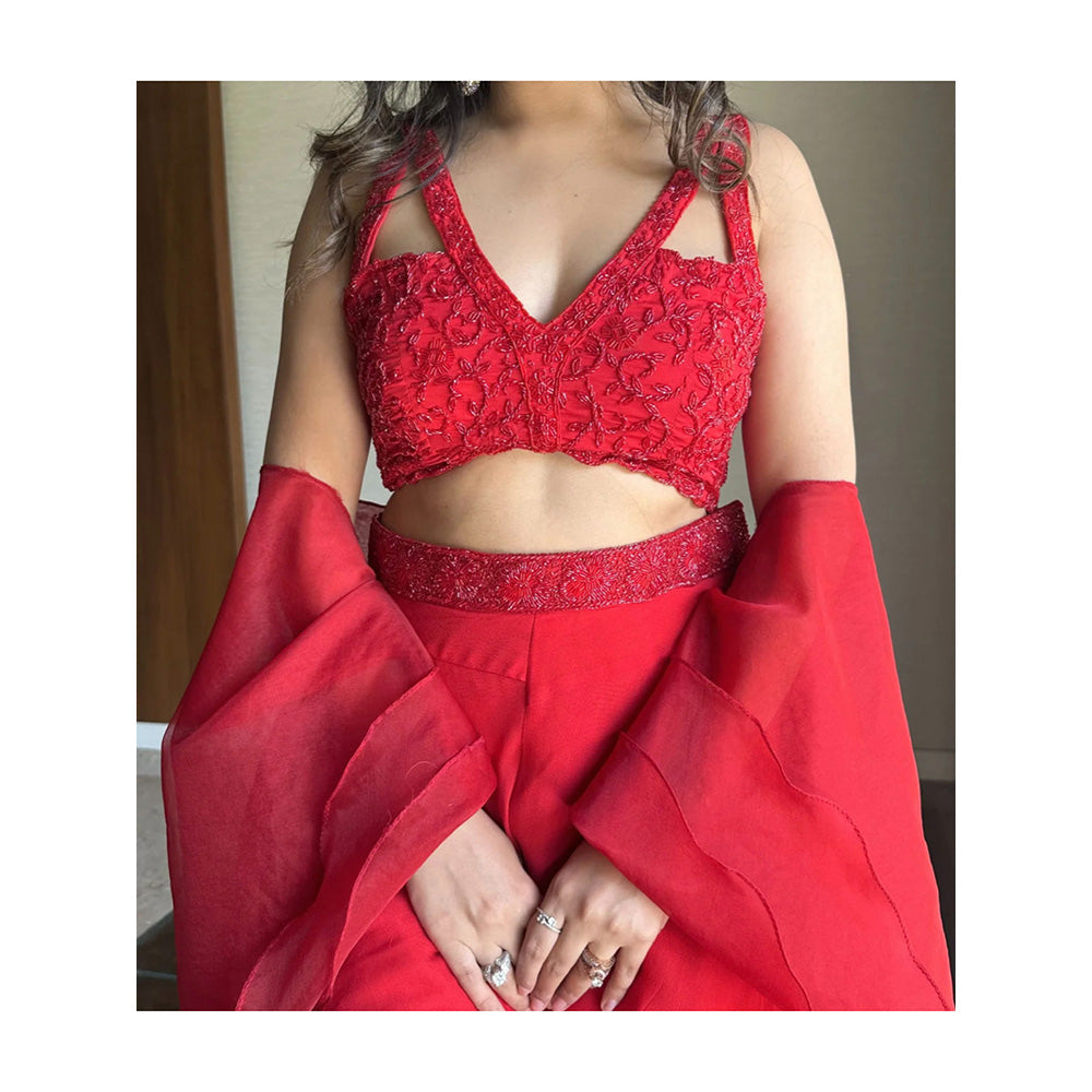 Glamique by Gungun Red Sharara with Blouse and Dupatta (Set of 3)