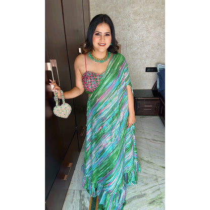 Glamique by Gungun One Shoulder Green Cape with Bustier and Pant (Set of 3)