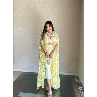 Glamique by Gungun Lime Pearl Net Multi-Color Cape with Skirt and Blouse (Set of 3)