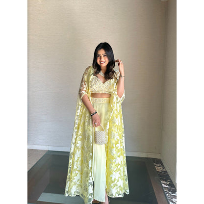 Glamique by Gungun Lime Pearl Net Multi-Color Cape with Skirt and Blouse (Set of 3)