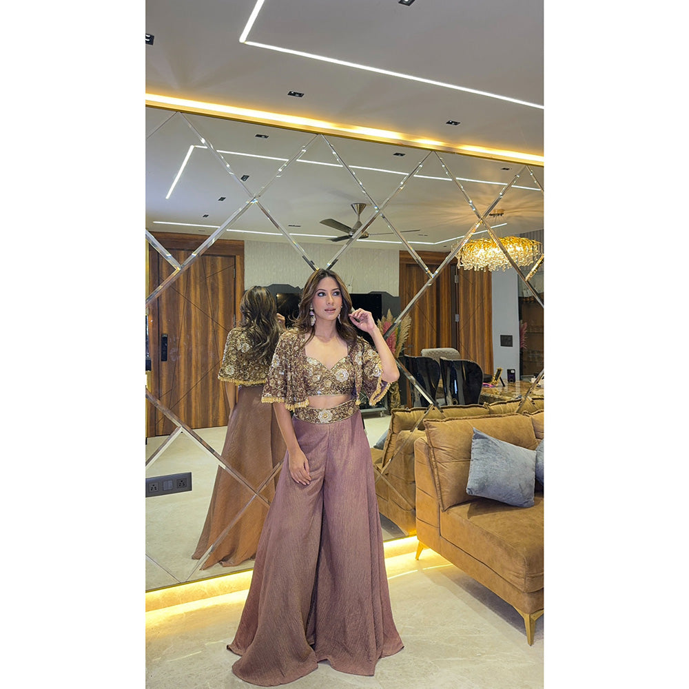 Glamique by Gungun Tissue Taupe Jacket with Blouse and Palazzo (Set of 3)