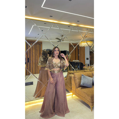 Glamique by Gungun Tissue Taupe Jacket with Blouse and Palazzo (Set of 3)