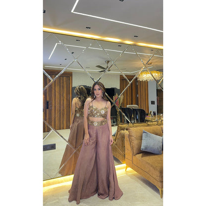 Glamique by Gungun Tissue Taupe Jacket with Blouse and Palazzo (Set of 3)