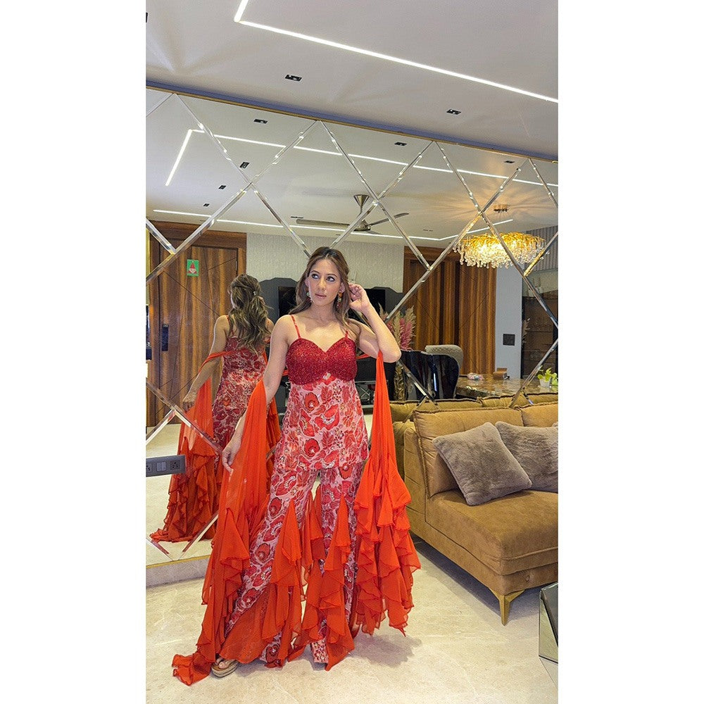 Glamique by Gungun Women Red Ruffle Top with Sharara and Dupatta (Set of 3)