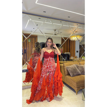 Glamique by Gungun Women Red Ruffle Top with Sharara and Dupatta (Set of 3)