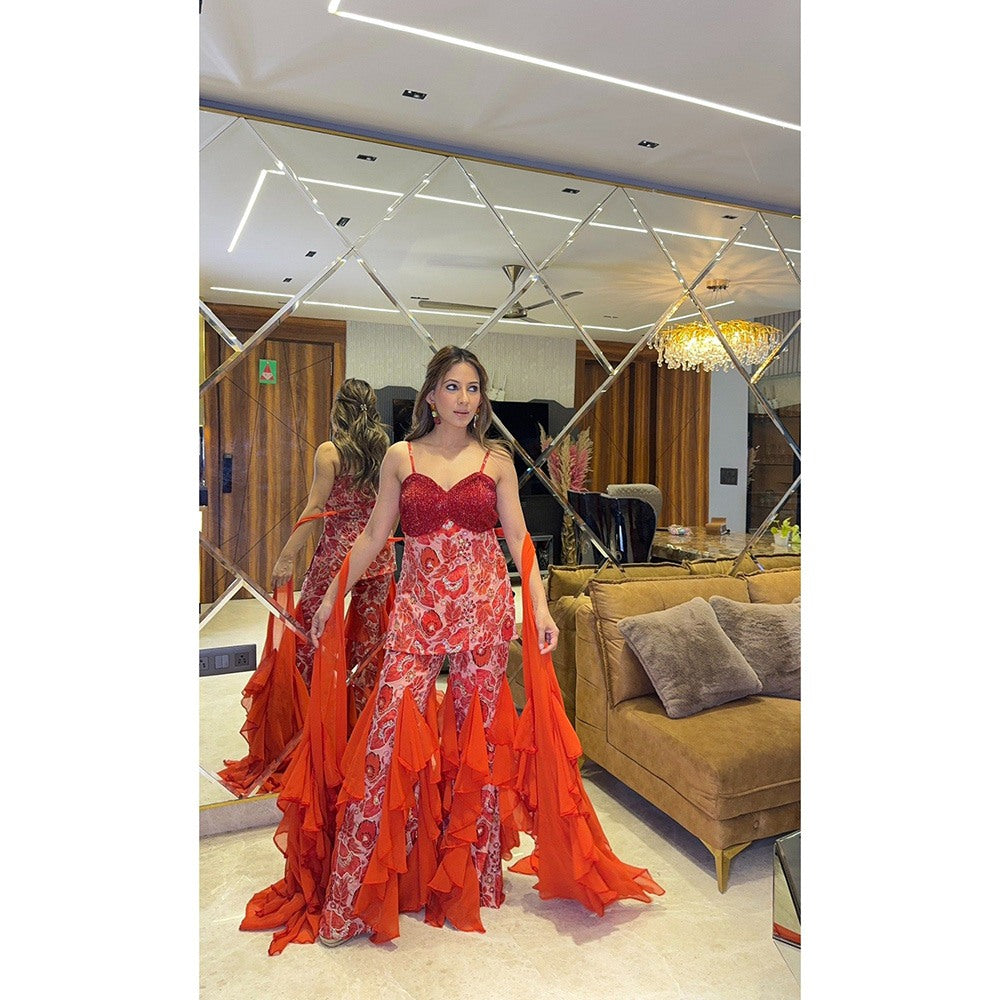 Glamique by Gungun Women Red Ruffle Top with Sharara and Dupatta (Set of 3)