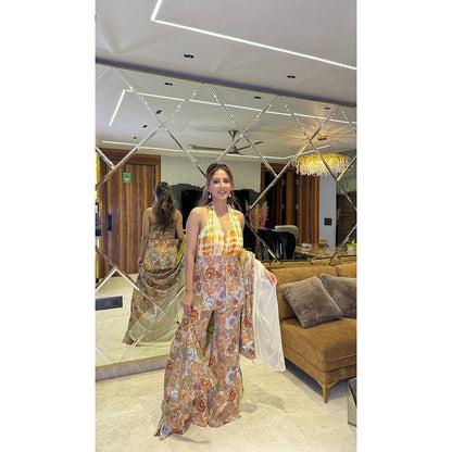 Glamique by Gungun Multi-Colour Women Halter Top with Sharara and Dupatta (Set of 3)