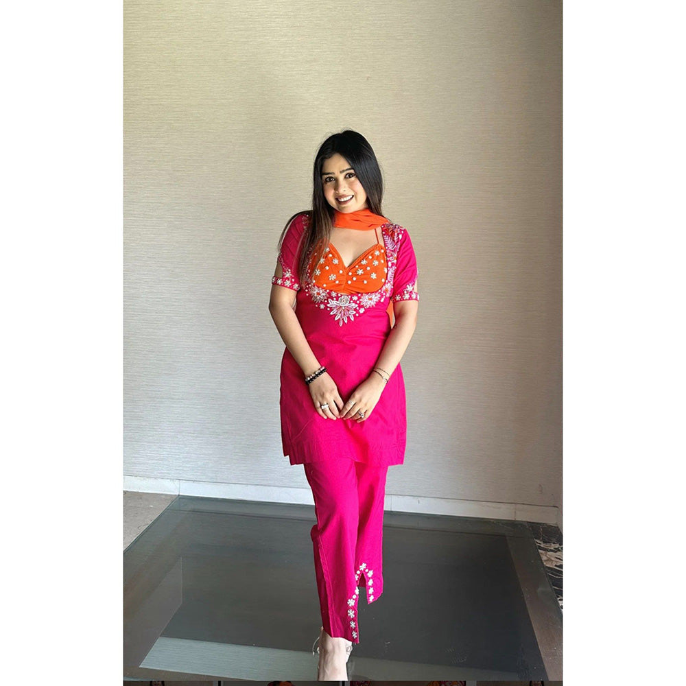 Glamique by Gungun Women Pink High Low Kurti with Pant and Dupatta (Set of 3)