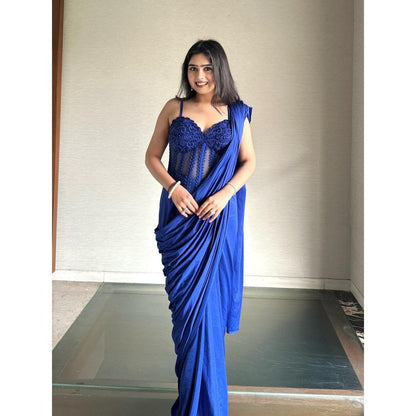 Glamique by Gungun Royal Blue Pre-Draped Saree with Stitched Blouse