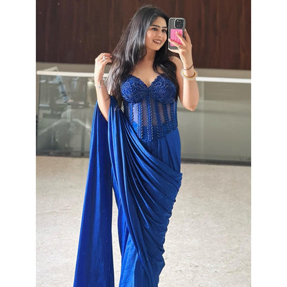 Glamique by Gungun Royal Blue Pre-Draped Saree with Stitched Blouse