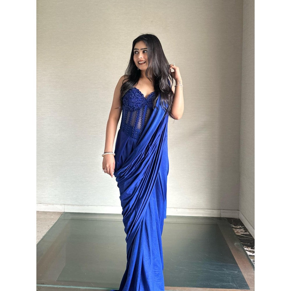 Glamique by Gungun Royal Blue Pre-Draped Saree with Stitched Blouse