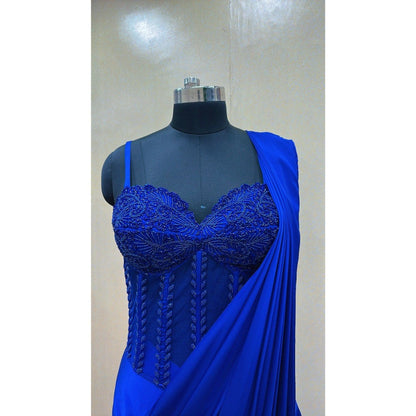 Glamique by Gungun Royal Blue Pre-Draped Saree with Stitched Blouse