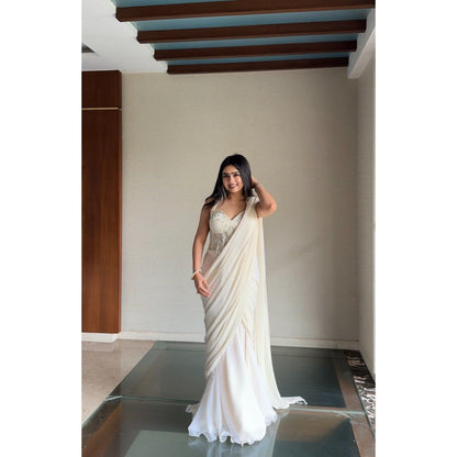 Glamique by Gungun White Pre-Draped Saree with Stitched Blouse