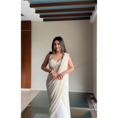Glamique by Gungun White Pre-Draped Saree with Stitched Blouse