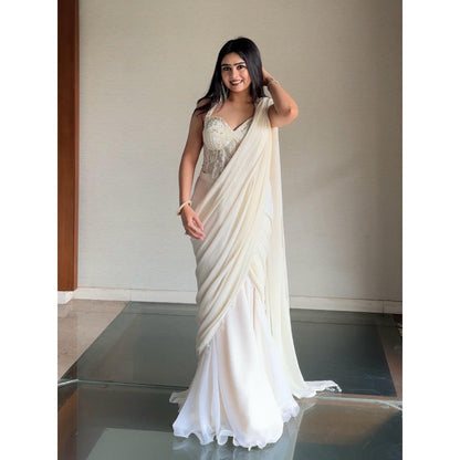 Glamique by Gungun White Pre-Draped Saree with Stitched Blouse