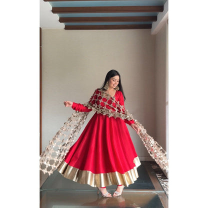 Glamique by Gungun Red Sheesh Mahal Anarkali with Churidar and Dupatta