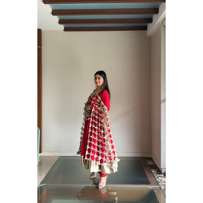 Glamique by Gungun Red Sheesh Mahal Anarkali with Churidar and Dupatta