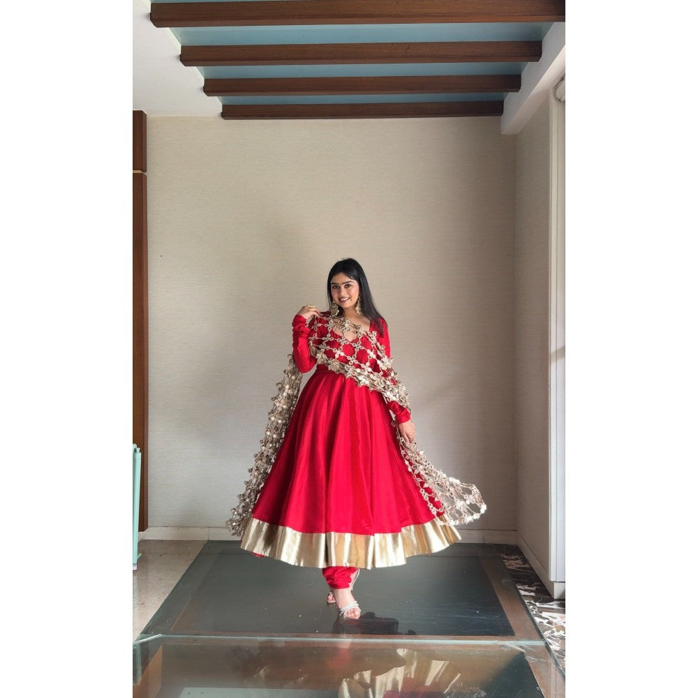 Glamique by Gungun Red Sheesh Mahal Anarkali with Churidar and Dupatta