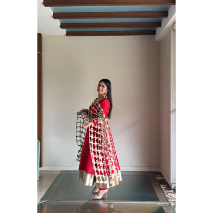 Glamique by Gungun Red Sheesh Mahal Anarkali with Churidar and Dupatta
