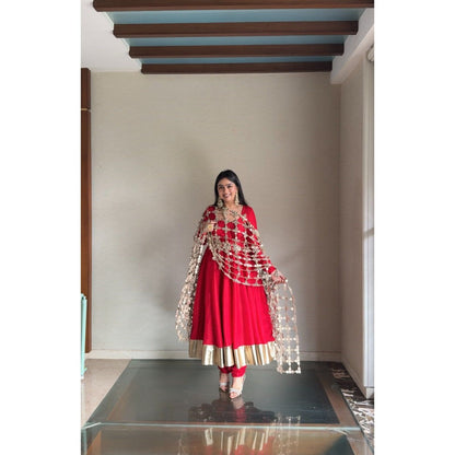 Glamique by Gungun Red Sheesh Mahal Anarkali with Churidar and Dupatta