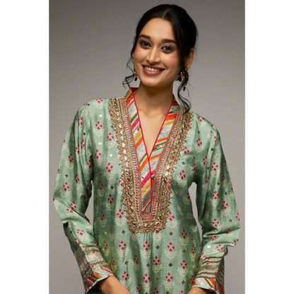 Gopi Vaid Blue Tilla V-Neck Kurta Palazzo with Dupatta (Set of 3)