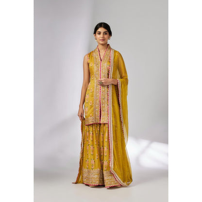 Gopi Vaid Mustard Dhriti Sleeveless Sharara with Kurta and Dupatta (Set of 3)