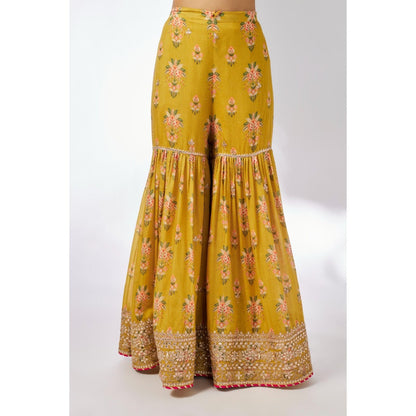 Gopi Vaid Mustard Dhriti Sleeveless Sharara with Kurta and Dupatta (Set of 3)