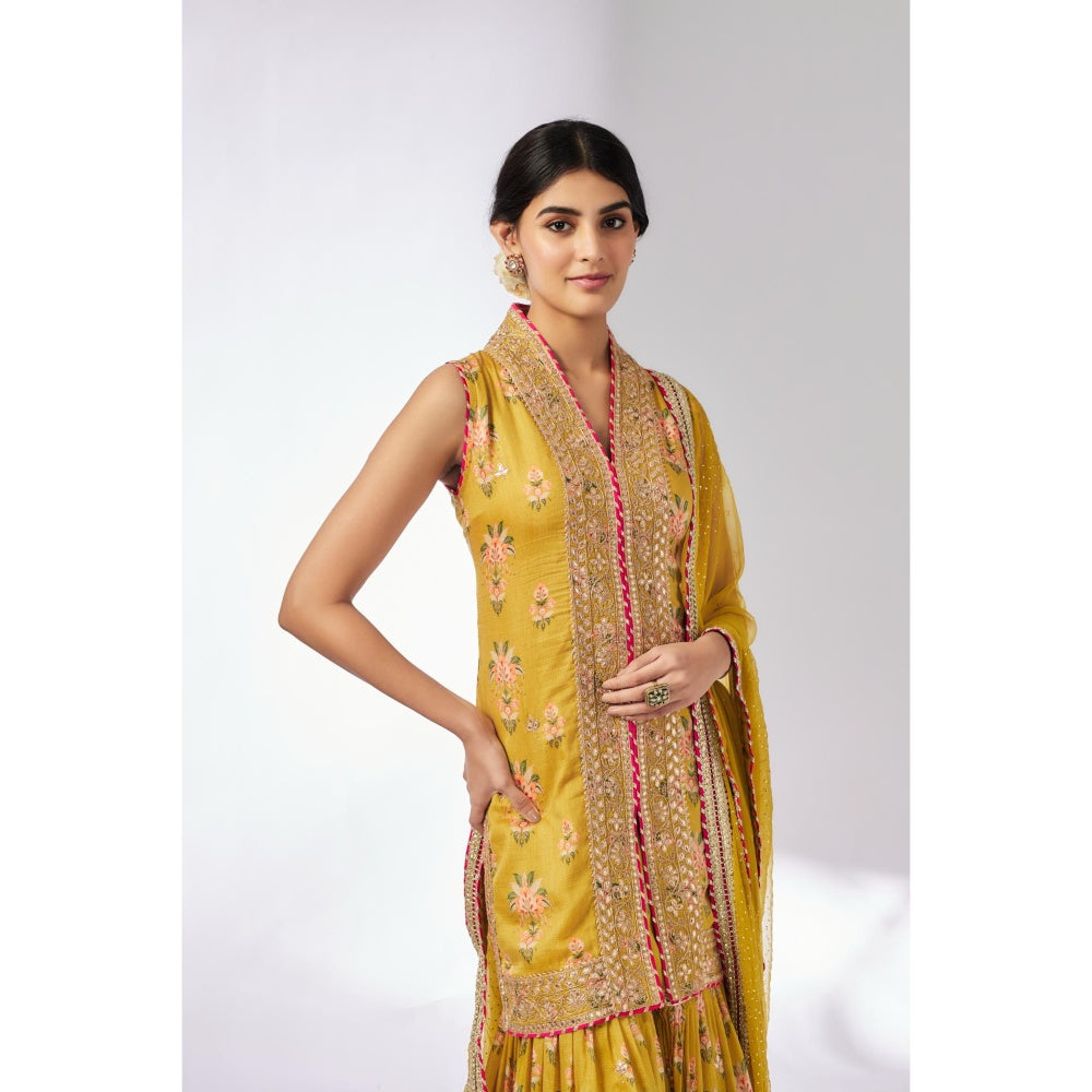 Gopi Vaid Mustard Dhriti Sleeveless Sharara with Kurta and Dupatta (Set of 3)