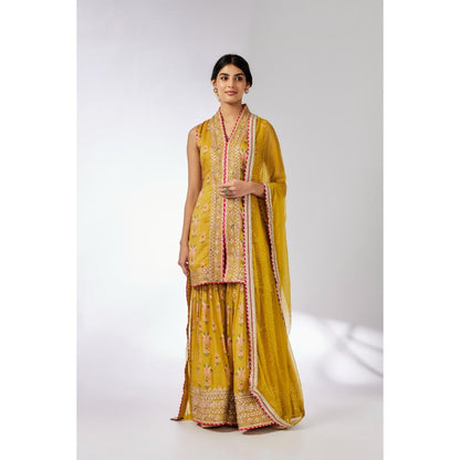 Gopi Vaid Mustard Dhriti Sleeveless Sharara with Kurta and Dupatta (Set of 3)