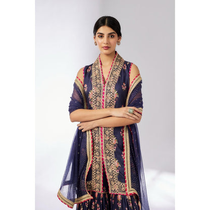 Gopi Vaid Navy Blue Dhriti Sleeveless Sharara with Kurta and Dupatta (Set of 3)