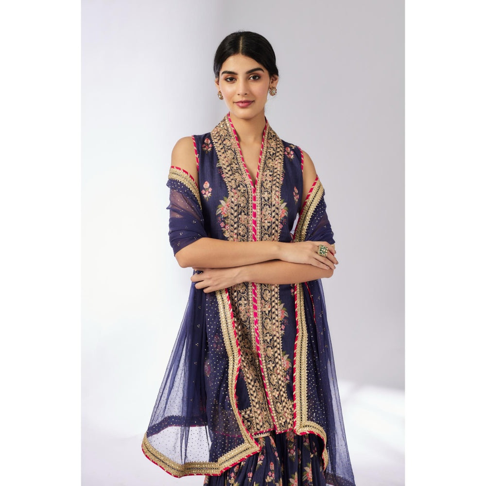 Gopi Vaid Navy Blue Dhriti Sleeveless Sharara with Kurta and Dupatta (Set of 3)