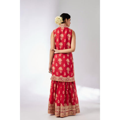 Gopi Vaid Red Dhriti Sleeveless Sharara with Kurta and Dupatta (Set of 3)