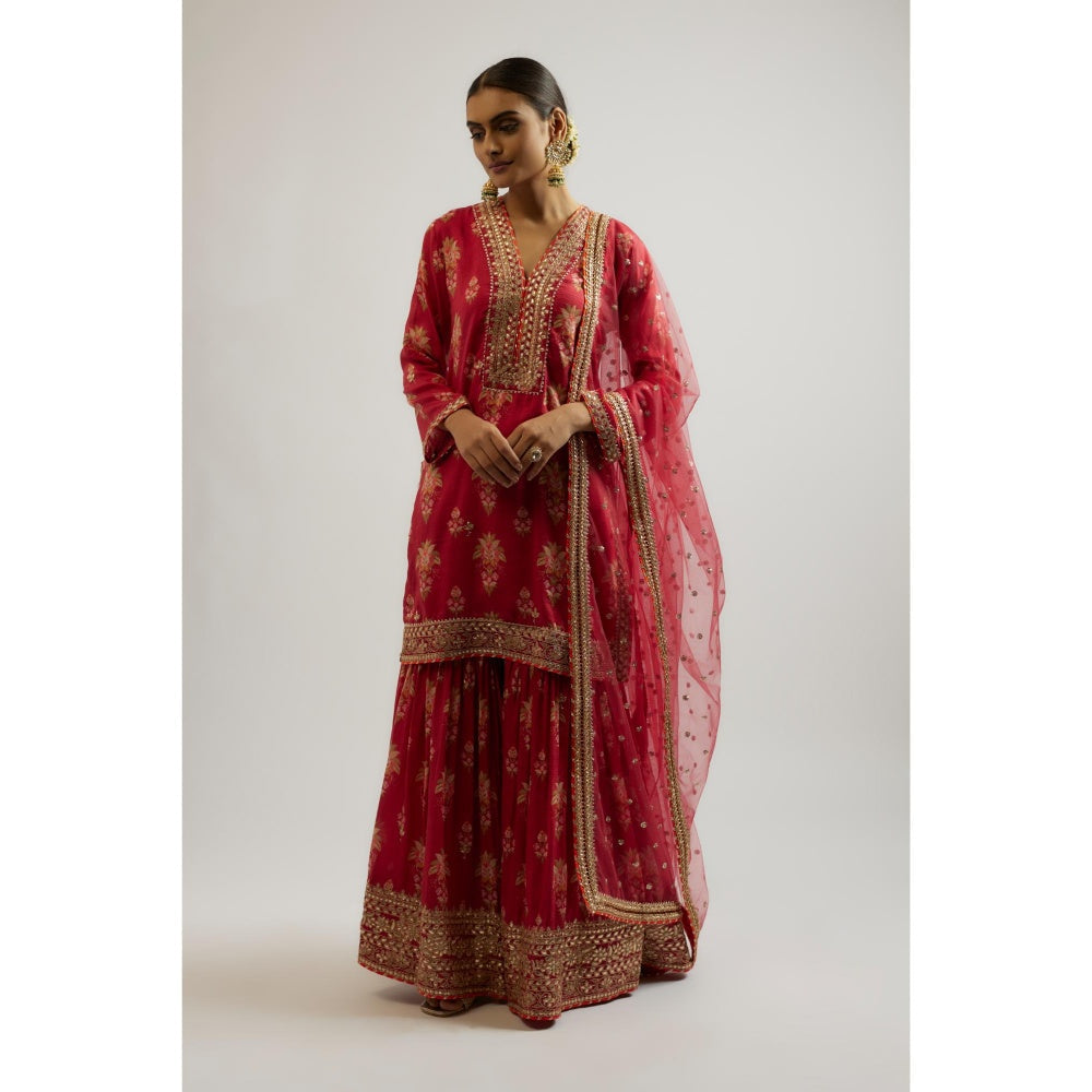 Gopi Vaid Red Sadhna Sharara with Kurta and Dupatta (Set of 3)