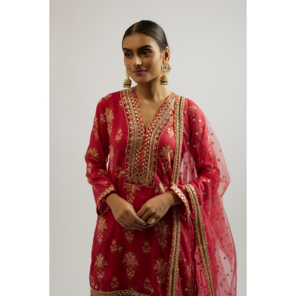 Gopi Vaid Red Sadhna Sharara with Kurta and Dupatta (Set of 3)
