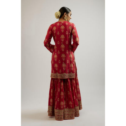 Gopi Vaid Red Sadhna Sharara with Kurta and Dupatta (Set of 3)