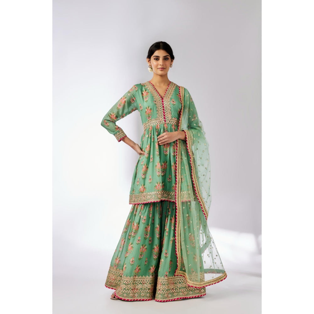 Gopi Vaid Green Samiksha Peplum Kurta with Sharara and Dupatta (Set of 3)