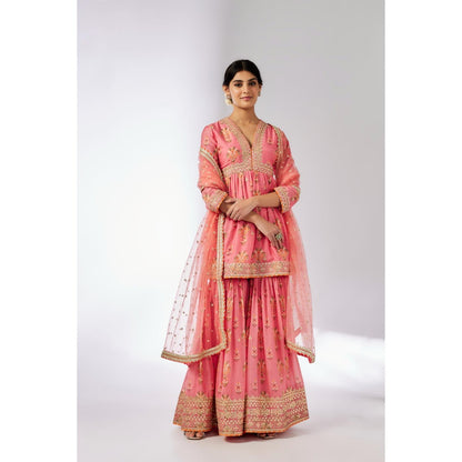 Gopi Vaid Pink Samiksha Peplum Kurta with Sharara and Dupatta (Set of 3)