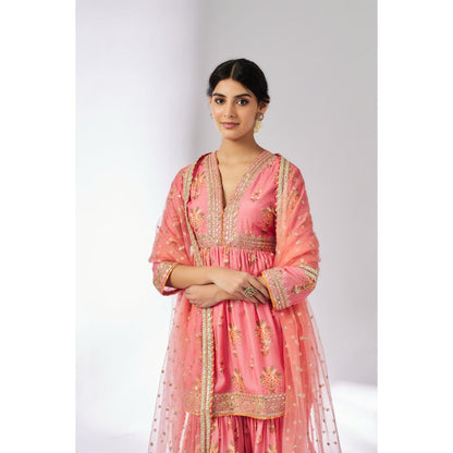Gopi Vaid Pink Samiksha Peplum Kurta with Sharara and Dupatta (Set of 3)
