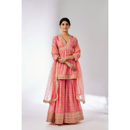 Gopi Vaid Pink Samiksha Peplum Kurta with Sharara and Dupatta (Set of 3)