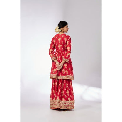 Gopi Vaid Red Samiksha Peplum Kurta with Sharara and Dupatta (Set of 3)